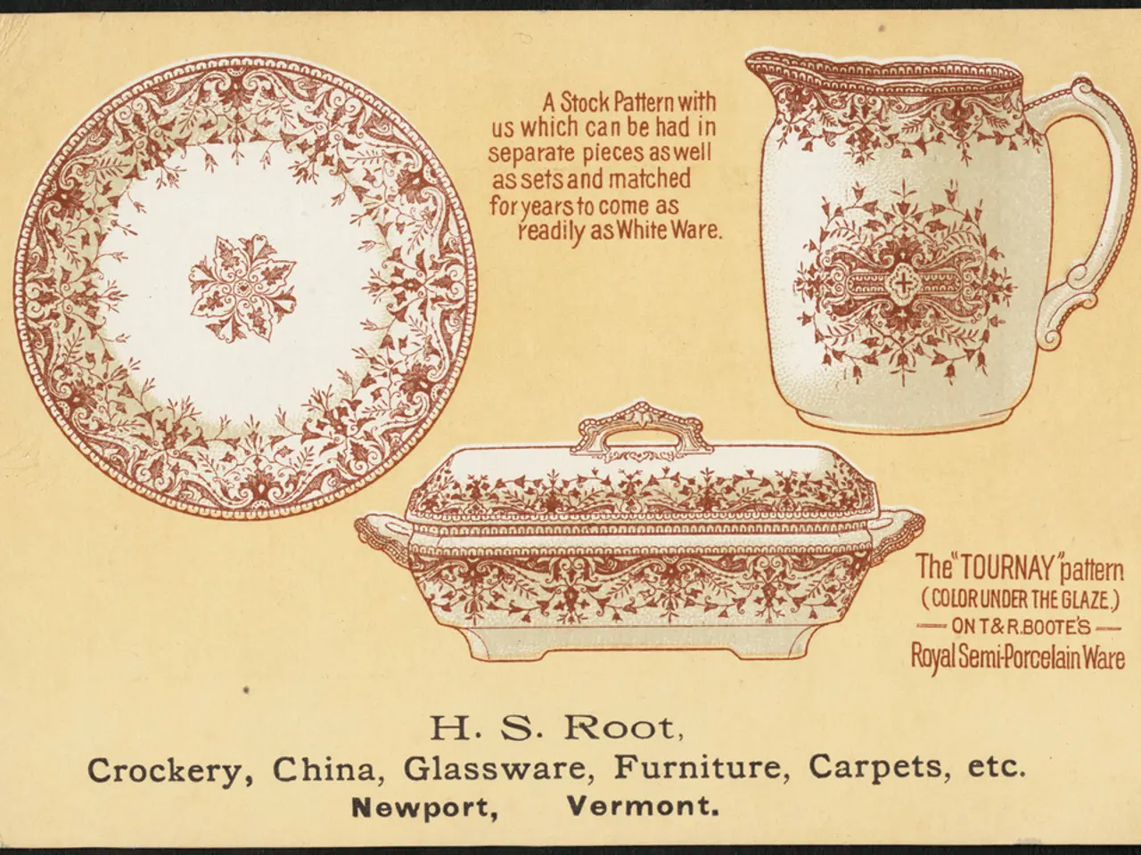 In the image there is a poster. On the poster there are images of mug, plate and bowl with designs...