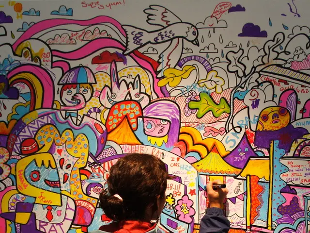 In this picture there is a woman who is holding a pen and writing something on the poster. On the...