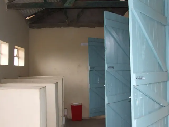 In this image we can see the blue color wooden doors, red color dustbin, ventilators, the wall and...
