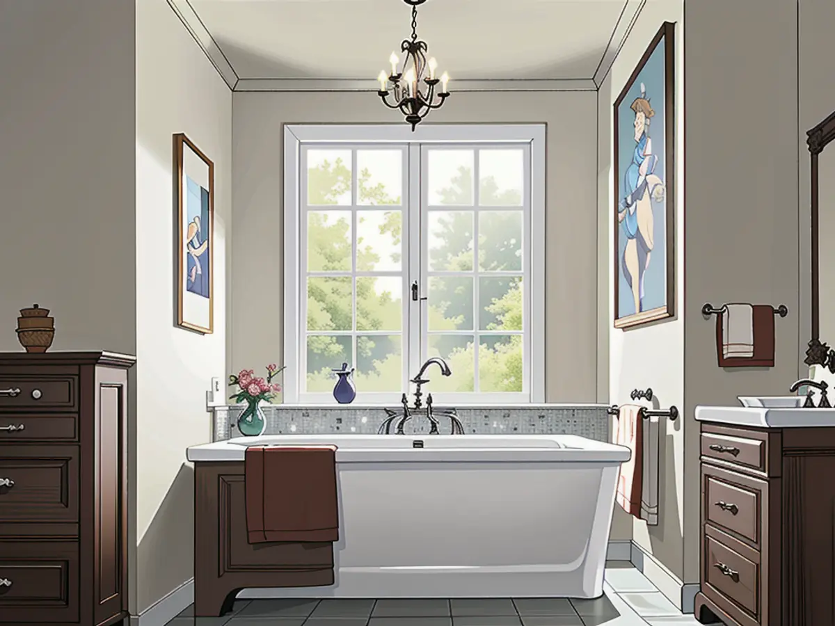 Redesigned restroom featuring Benjamin Moore Classic Gray hue. fourteen colors suggested for neutral bathroom painting: