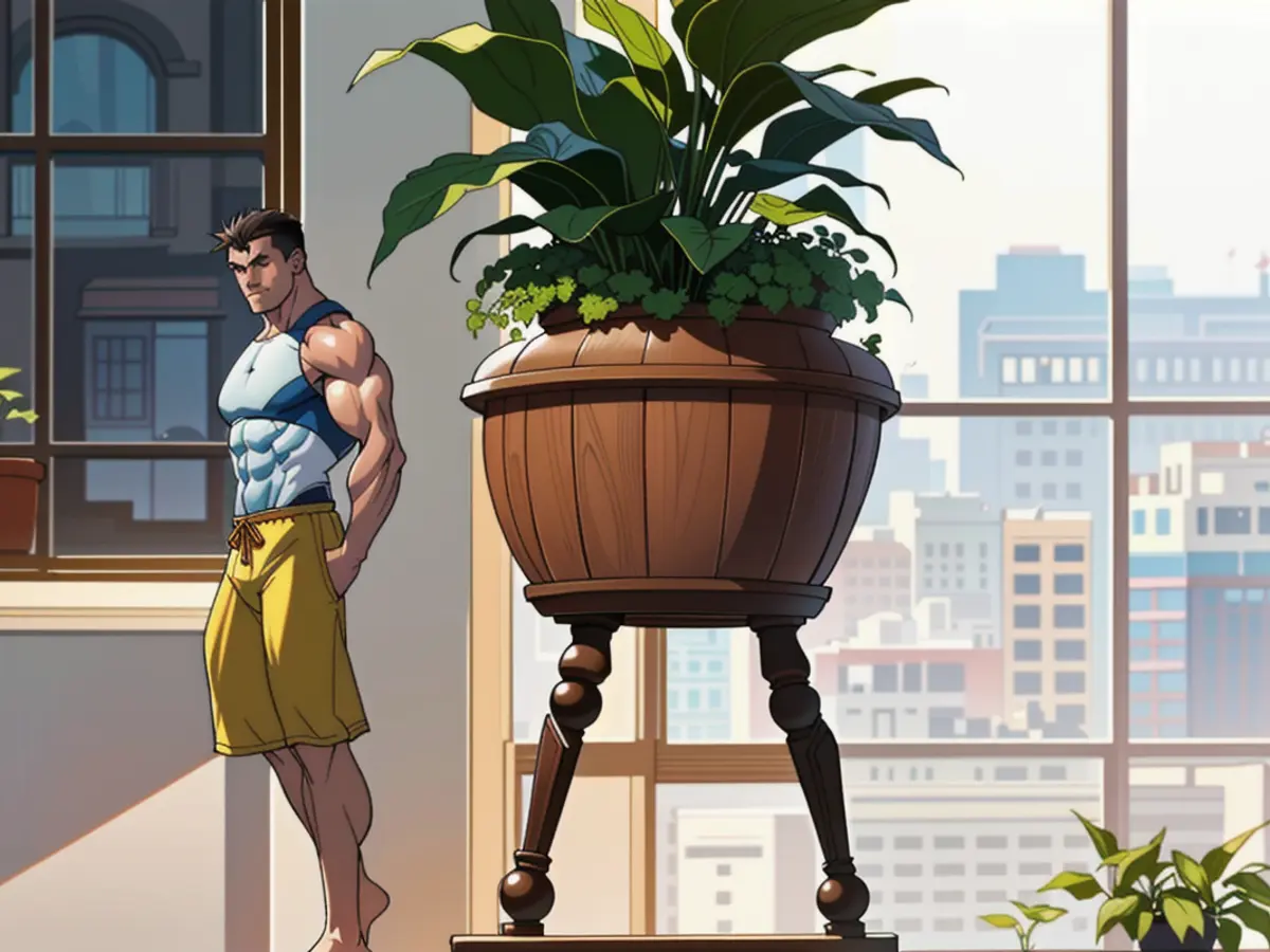 Person standing before a window adorned with a verdant plant inside Individual positioned by a window, tending to a potted plant inside view.