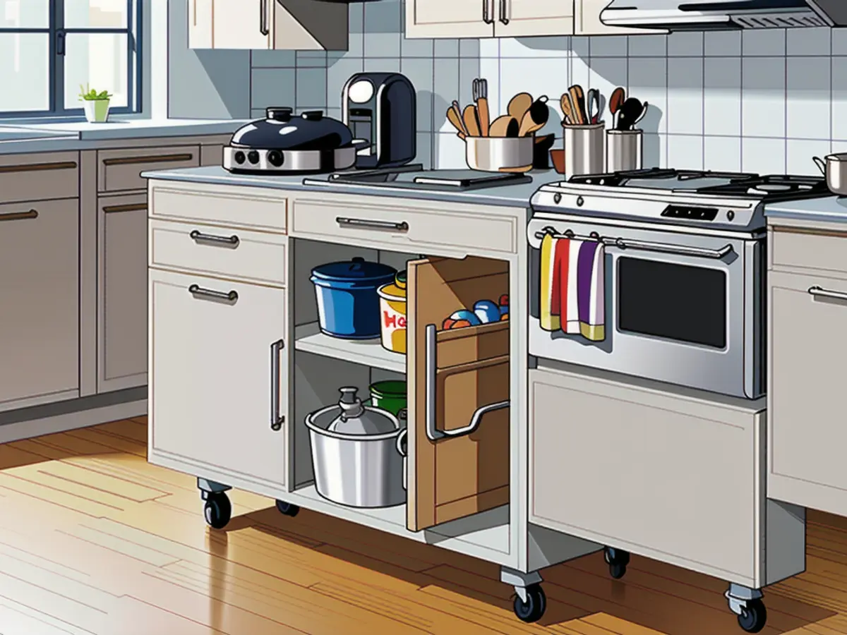 A contemporary kitchen equipped with a mobile island workstation loaded with culinary essentials, situated adjacent to thecooking stove. A contemporary kitchen boasting a movable island cart laden with cooking utensils, strategically placed by the cooktop for convenience.