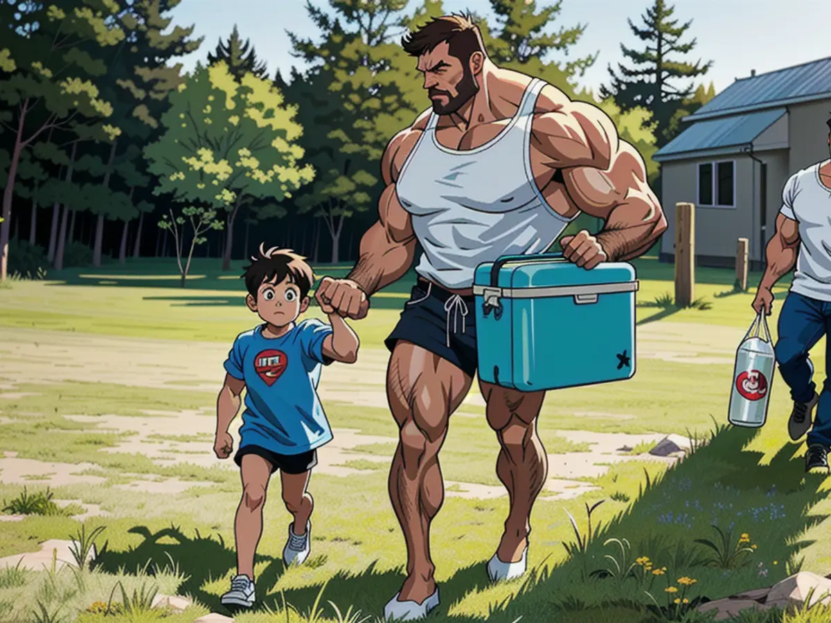 Outdoor stroll with model and child, cooler in hand, colored blue Igloo brand. Outdoor excursion:Model and minor spotted strolling with a blue Igloo cooler in tow