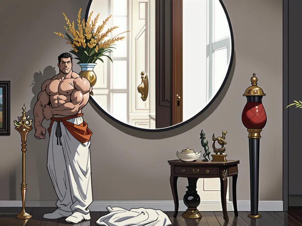 Refreshed interior design concept for hallway: Round mirror, tall vase of dried foliage, clock, figurine, and framed photo adorn black side table. Revamped hallway adornment featuring a circular mirror, towering vase with desiccated vegetation, miniature timepiece, statuette, and photo on a sleek, black table console.