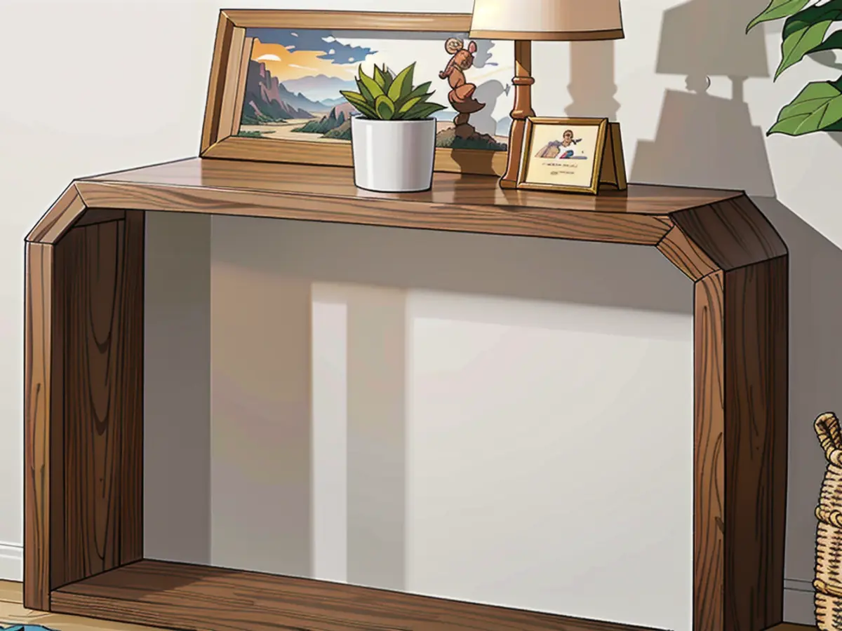 Console table showcases a desert landscape photo, with a white lamp and a miniature green plant displayed, accompanied by an intricate wicker basket placed conveniently nearby. Console table, boasting rounded edges, showcases a desert landscape photo, a bright white lamp, a miniature potted plant, and a wicker basket placed thoughtfully on one side.