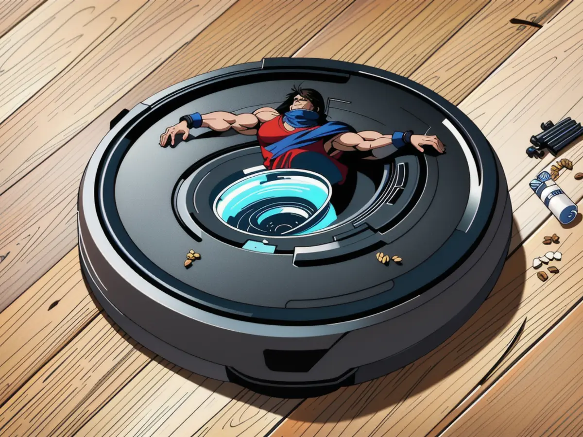 Robotic Vacuum Does Its Job: Clearing Up Dumped Cereal on Wooden Flooring Wooden floor gets a thorough clean-up as robotic vacuum tidies up spilled cereals.