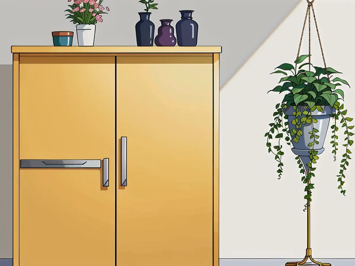 Cabinet adorned with dual handles, decorative vases, and a stone statue atop; a towering potted plant standing on a stand, and a nearby indoor hanging plant present. Ornate yellow cabinet adorned with dual handles, accompanied by decorative vases and a stone figurine at its summit. A lofty potted plant stationed on a stand and a nearby indoor hanging plant are also present.