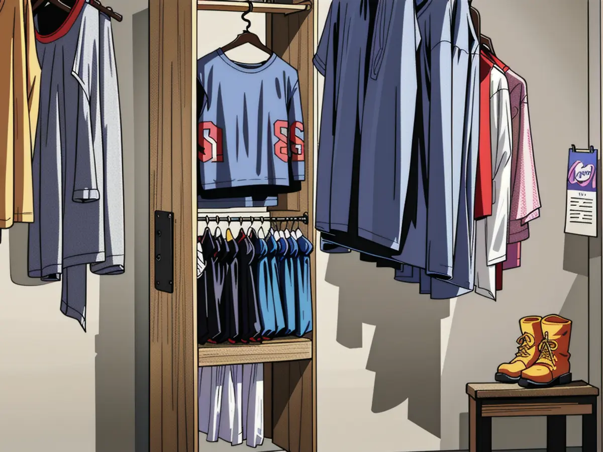 Decluttered closet arrangement showcasing suspended apparel, shelved storage, and tidily placed footwear Streamlined wardrobe display with hanging garments, shelved organization, and meticulously ordered footwear.