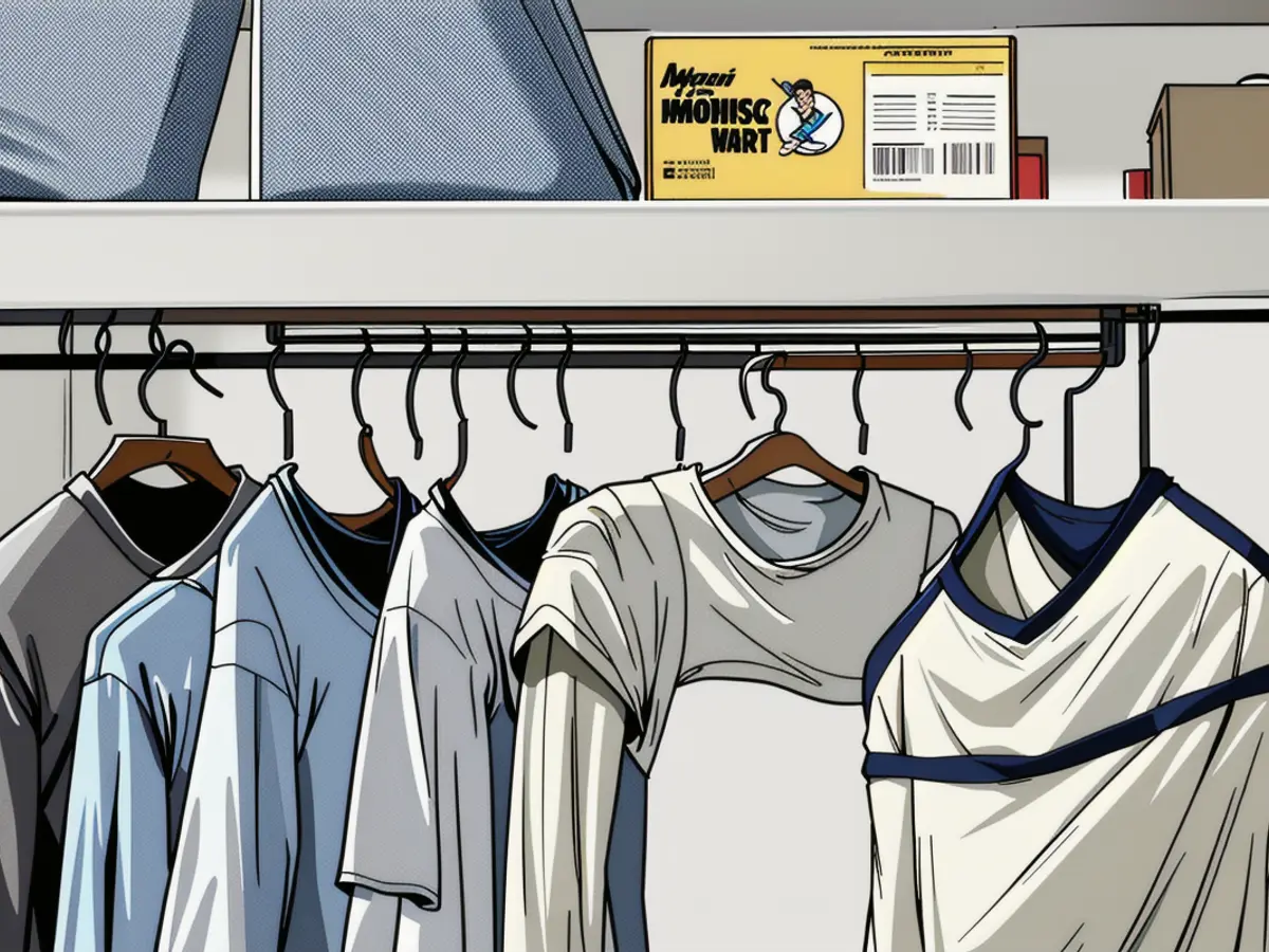 Well-arranged wardrobe displaying multiple tops on black hangers and storage containers positioned above, perfect for maintaining an orderly clothing arrangement. Optimized closet space, showcasing diverse tops on black hangers, and storage containers stacked above for a well-arranged wardrobe system.