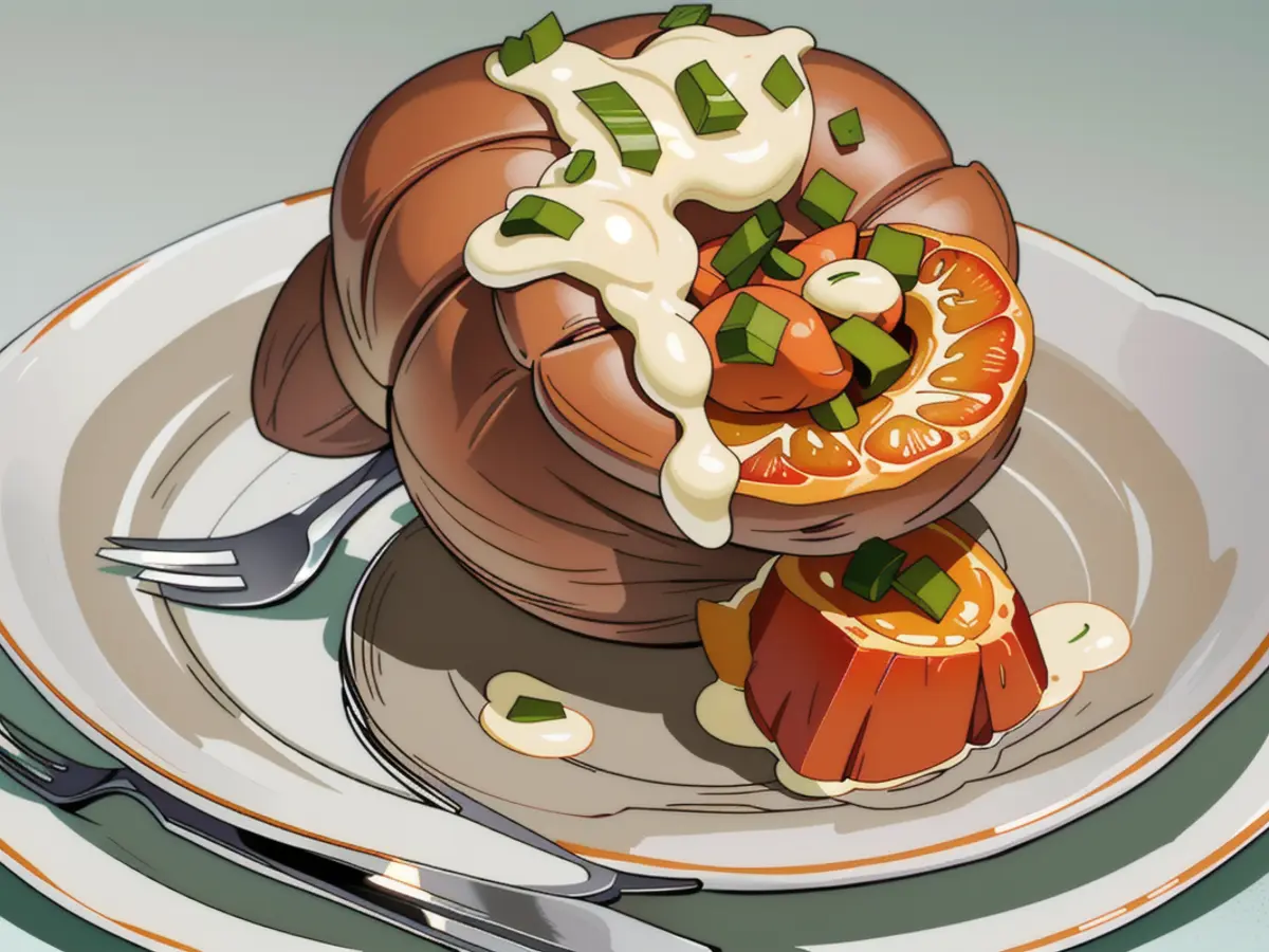 Sweet potato baked and filled with chickpeas, avocado, green onions, and a smear of yogurt served on a plaid dish Sweet potato baked and filled with chickpeas, avocado slices, green onions, and a heap of yogurt, served on a colorful polka-dotted dish.